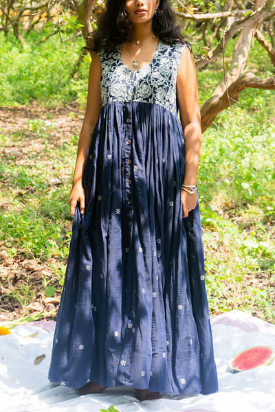 Dark indigo floral embroidered and woven dress