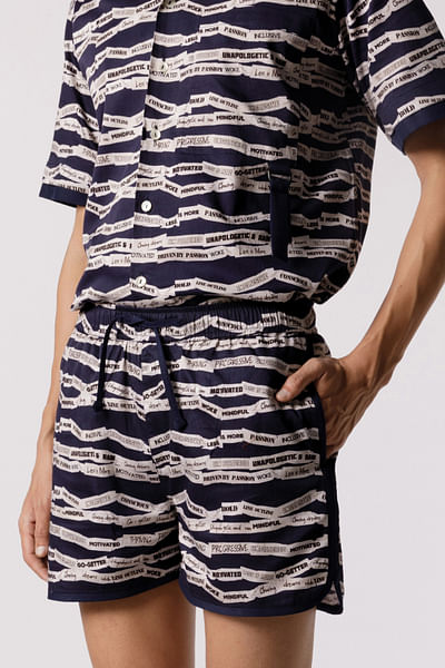 Dark navy word printed shorts