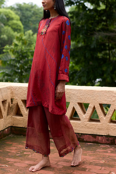 Dark orange bandhani tie- dye tunic set
