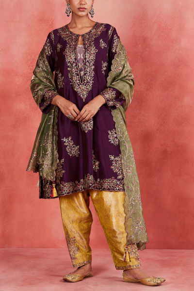 Dark purple floral aari embroidered kurta set