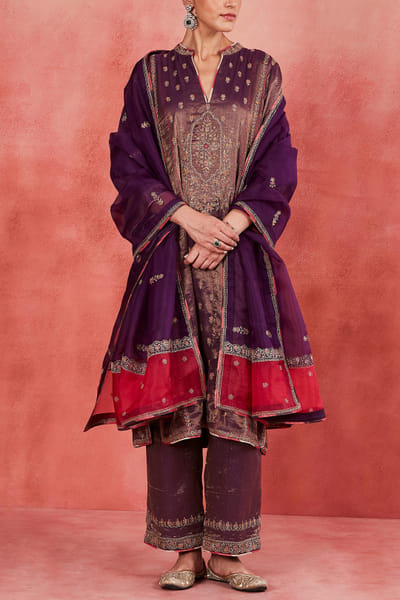 Dark purple floral embroidered kurta set
