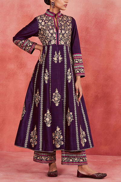 Dark purple floral embroidery anarkali jacket set