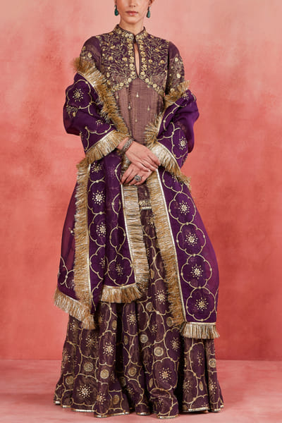 Dark purple zari embroidered sharara set