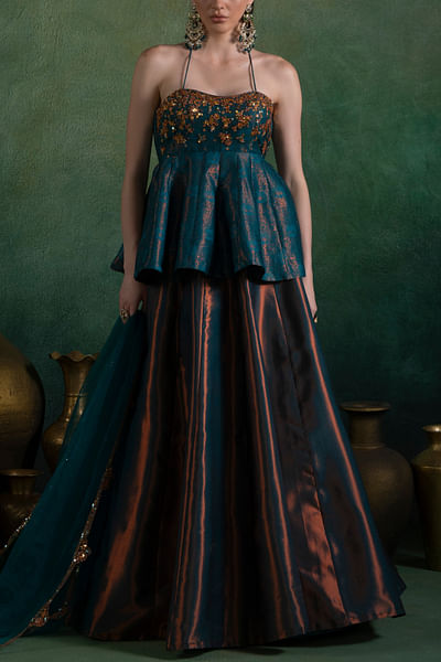 Dark teal embroidered brocade lehenga set