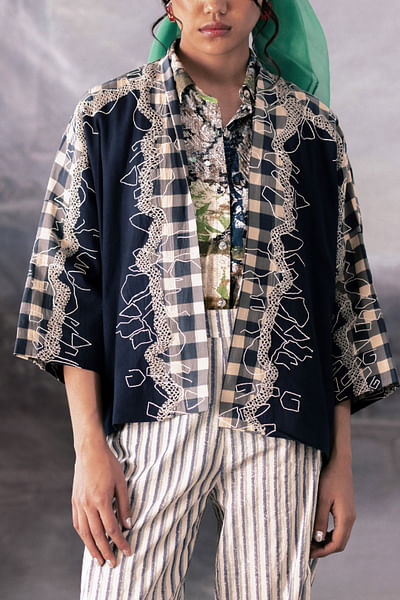 Deep blue check printed jacket
