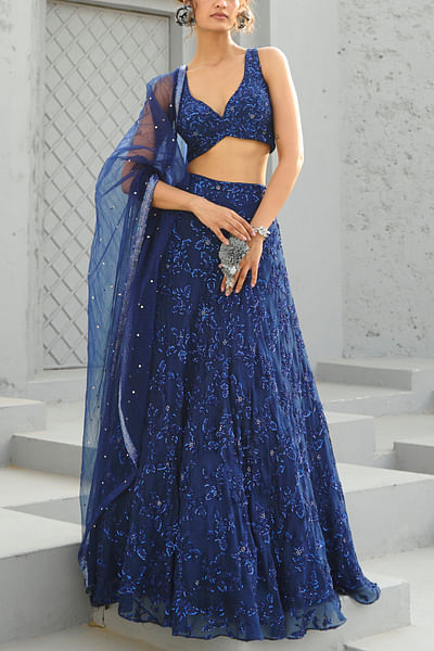 Deep blue floral embroidered lehenga set