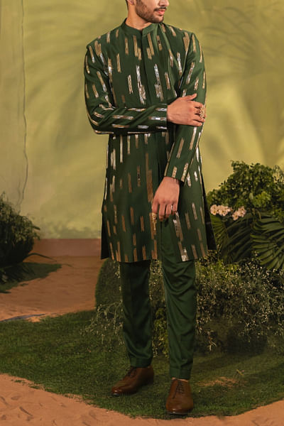 Deep green embellished sherwani set