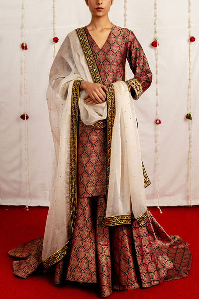 Deep magenta floral woven brocade gharara set