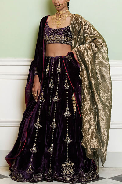 Deep purple floral embroidered lehenga set