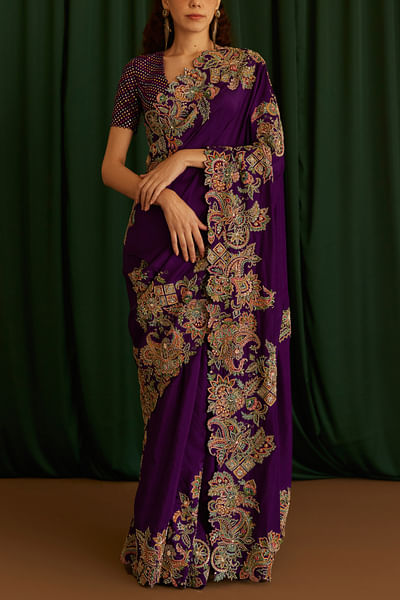 Deep purple floral embroidery sari set