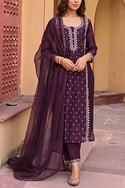 Deep purple gota patti embroidered kurta set