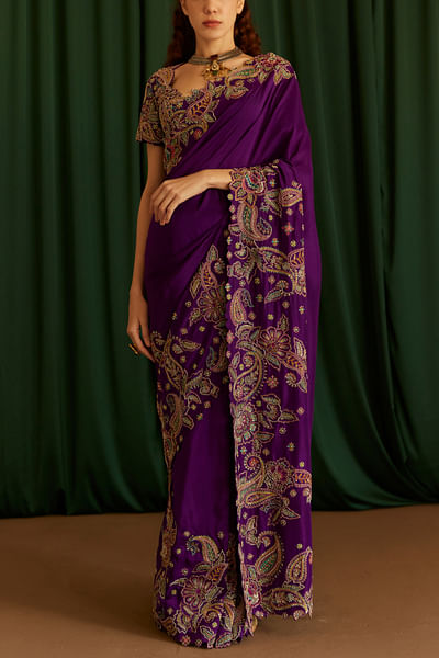 Deep purple paisley embroidery sari set