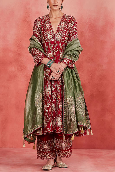Deep red floral aari embroidered anarkali set