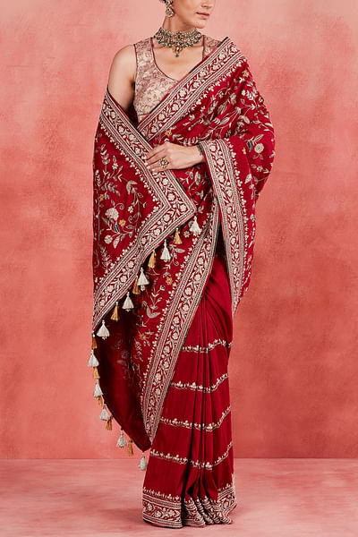 Deep red floral aari embroidery tassel sari set