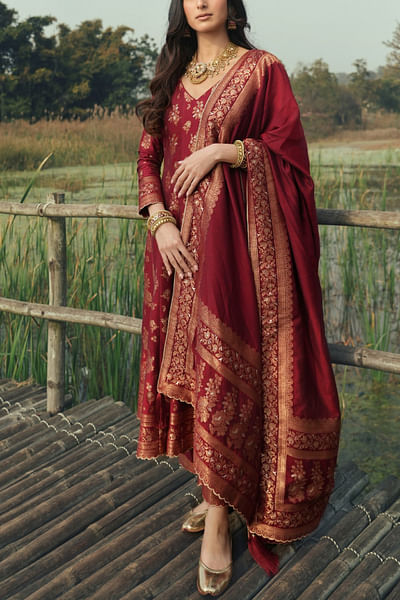 Deep red floral and paisley woven anarkali set