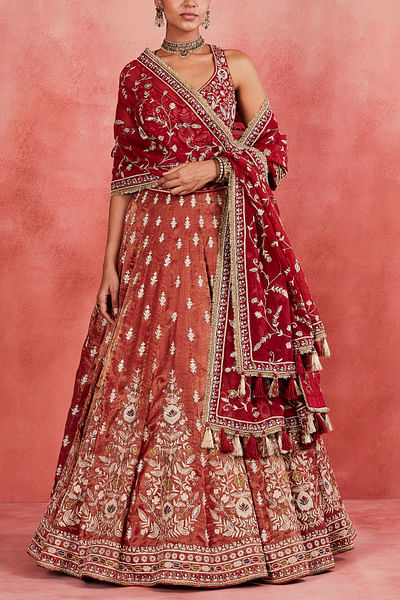 Deep red floral zari embroidered lehenga set
