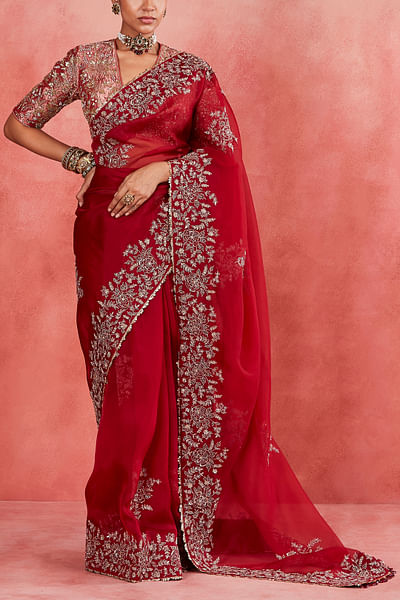 Deep red floral zari embroidered sari set