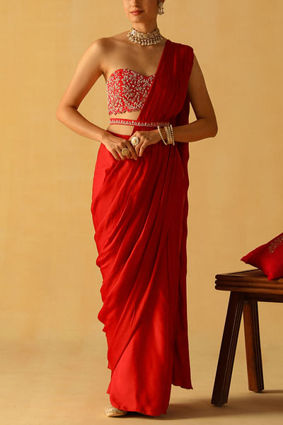 Deep red pre-draped sari set