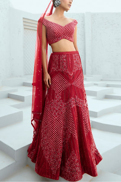 Deep red sequin embroidered lehenga set