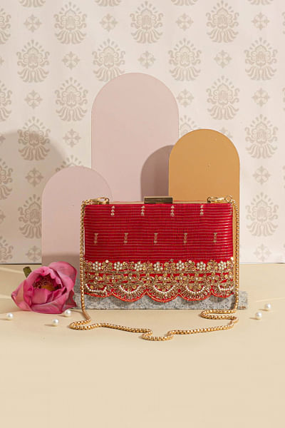 Deep red woven embroidered box clutch