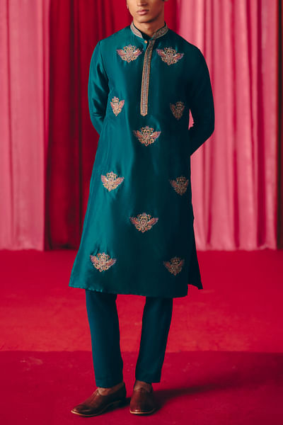 Deep teal green embroidered kurta set