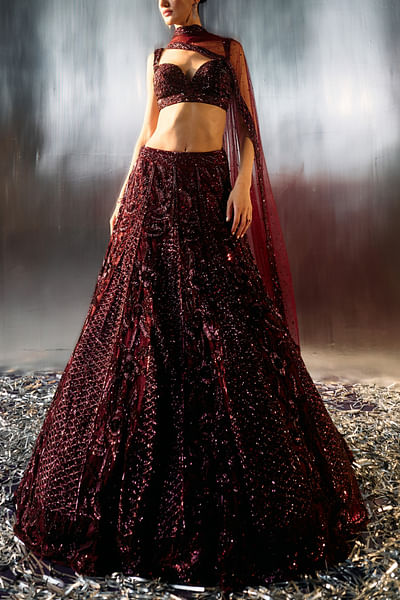 Deep wine sequin embroidered lehenga set