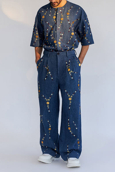 Denim blue metallic embellished pant