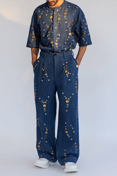 Denim blue metallic embroidered jacket