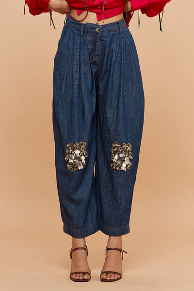 Denim embellished pants