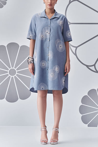 Denim floral embroidered shirt dress