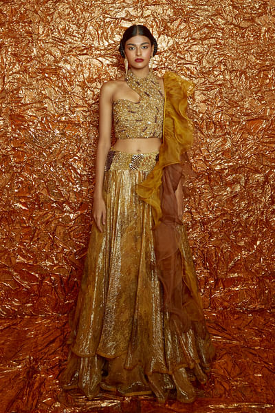 Dijon yellow printed layered lehenga set