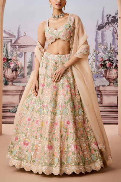 Dirty ivory 3D floral embroidered lehenga set
