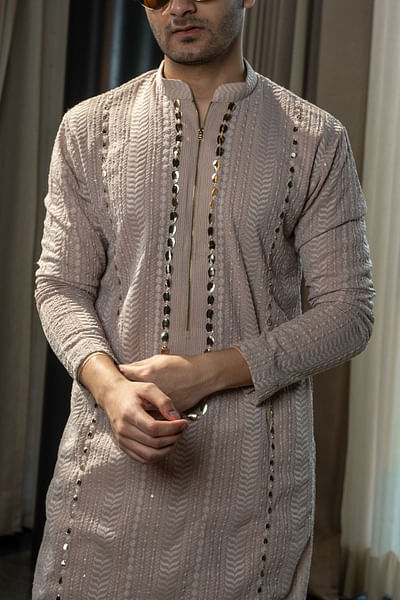 Dull pink leather work chikankari kurta set