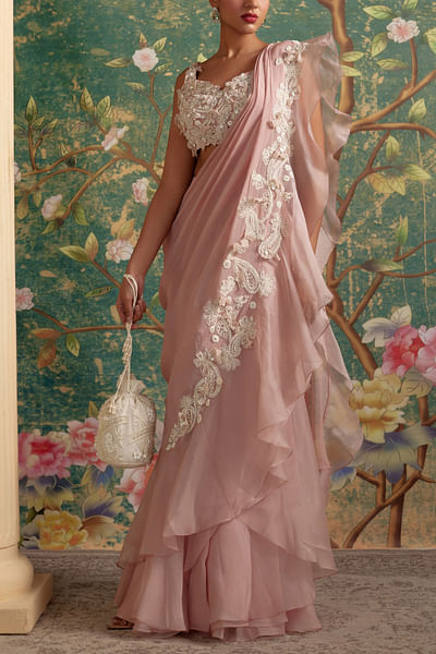 Dusky embroidered ruffled sari set