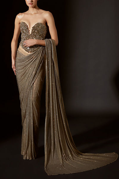 Dusky gold crystal pre-stitched sari set