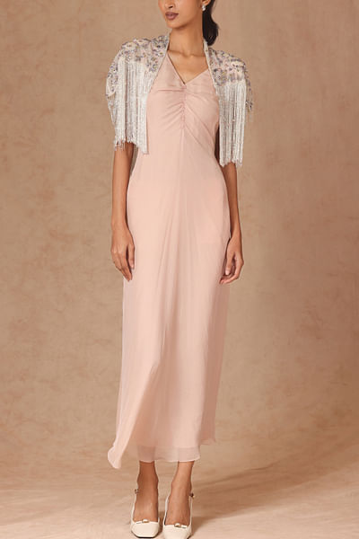 Dusky pink embellished chiffon dress