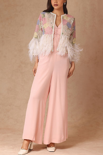Dusky pink feather jacket set