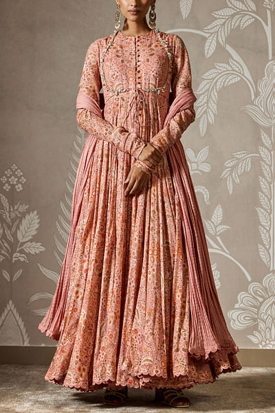 Dusky pink floral printed anarkali set