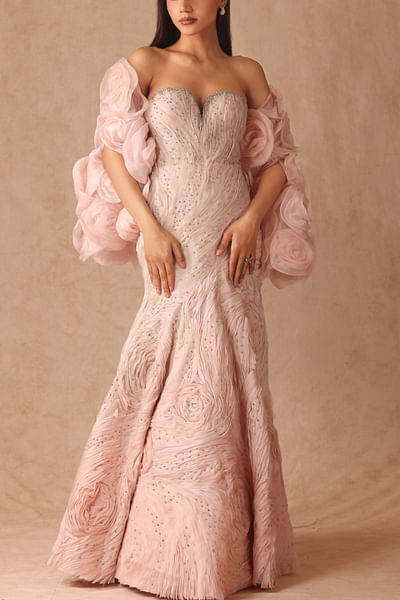 Dusky pink ombre floral cape gown