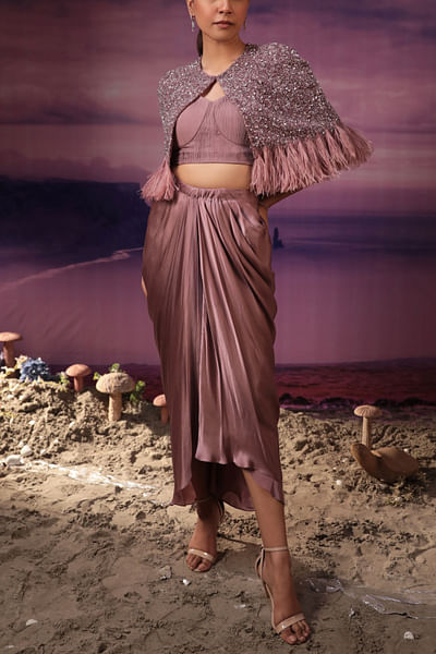 Dusky purple sequinned cape and draped skirt