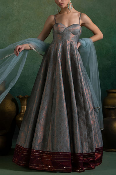 Dusty aqua embellished brocade anarkali set