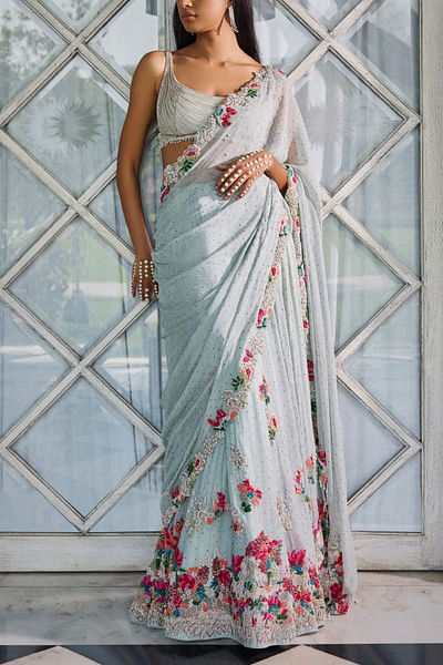 Dusty blue floral embroidered sari set