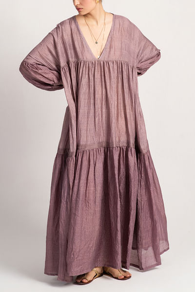 Dusty mauve checkered tiered dress