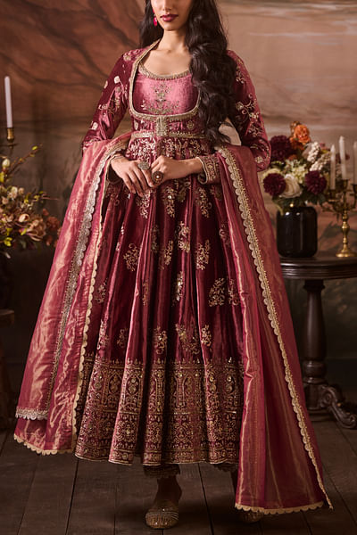 Dusty pink embroidered velvet anarkali set