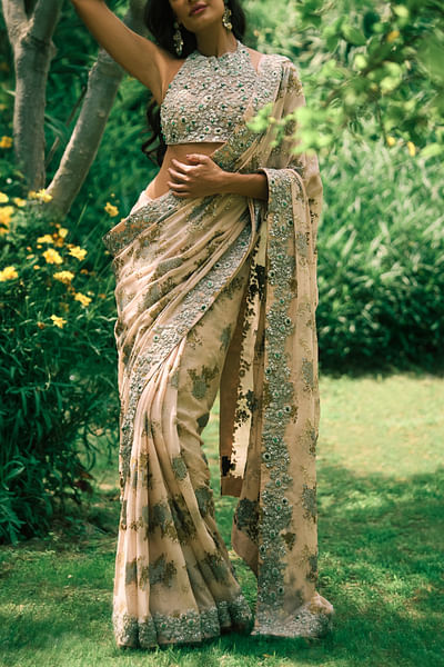 Dusty pink floral embroidered sari set