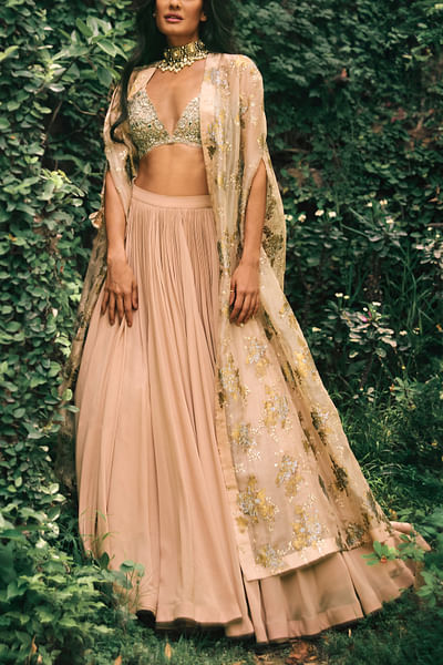 Dusty pink printed cape and lehnega set
