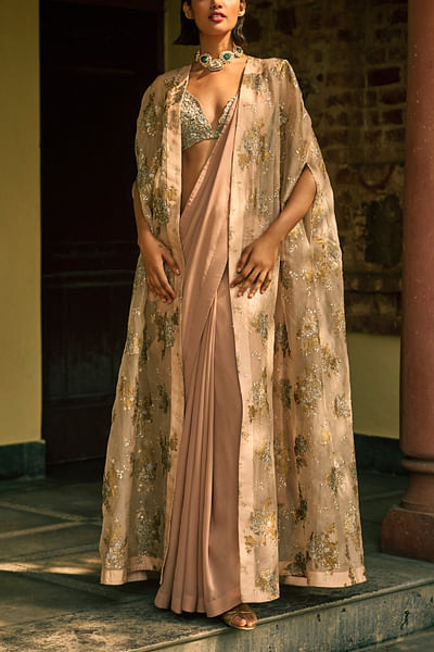 Dusty pink printed cape sari set