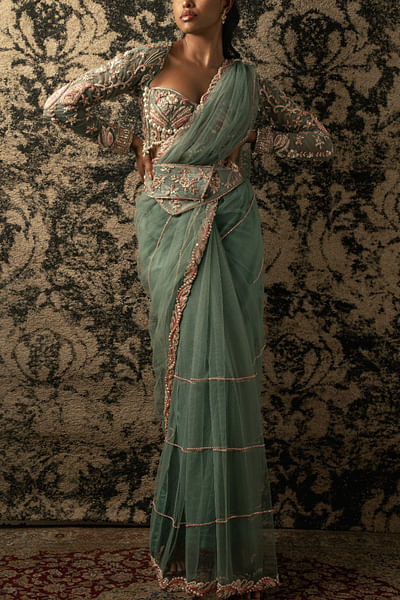 Dusty turquoise pearl embroidered sari set