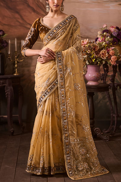 Dusty yellow zari embroidered sari set