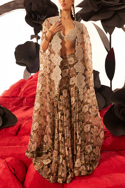 Earthy abstract floral printed cape set